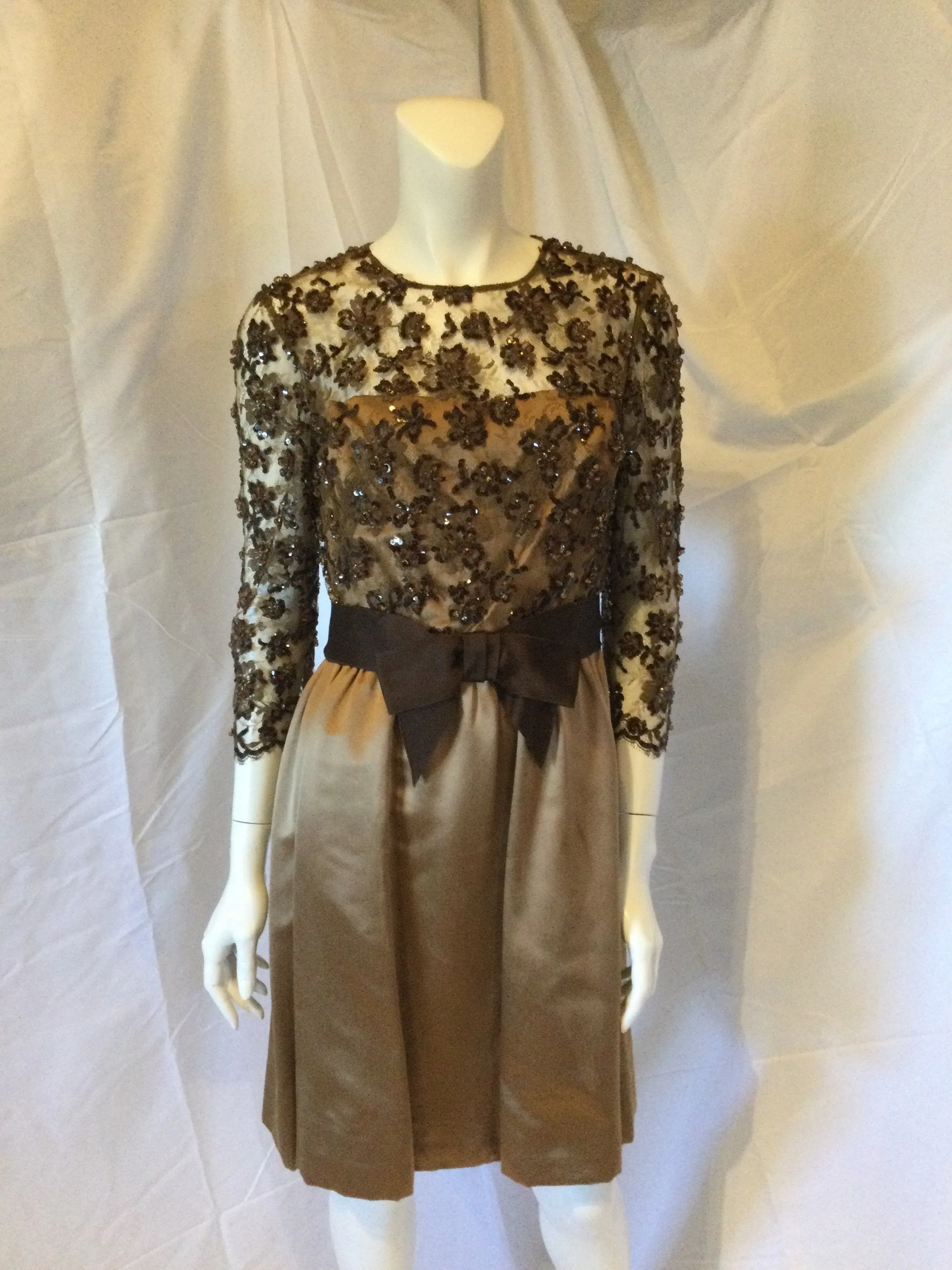 1960s Mocha Beaded Top Satin Cocktail Dress-size 8
