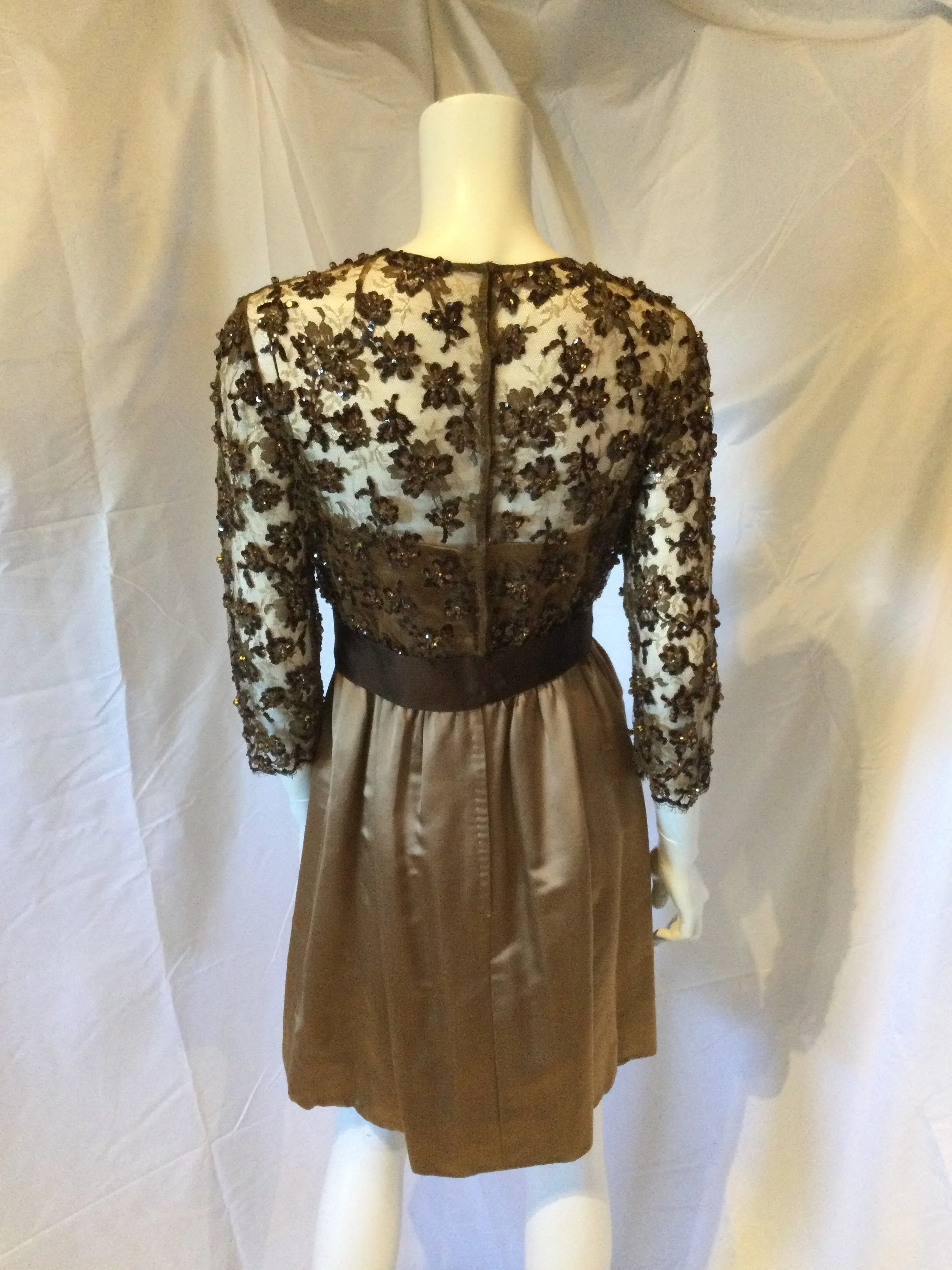 1960s Mocha Beaded Top Satin Cocktail Dress-size 8