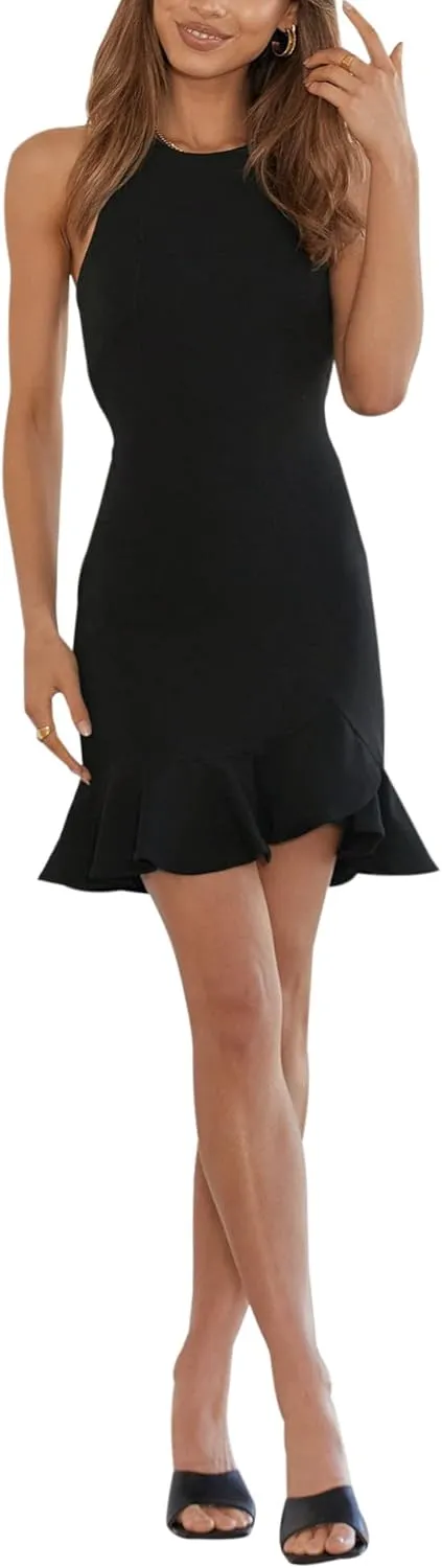 AIMCOO Women's Summer Sleeveless Mini Dress Crewneck Ruffle Hem Casual Short Dresses Elegant Solid Bodycon Dress