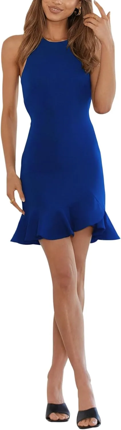 AIMCOO Women's Summer Sleeveless Mini Dress Crewneck Ruffle Hem Casual Short Dresses Elegant Solid Bodycon Dress