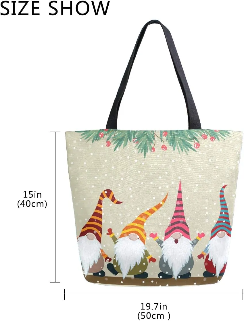 ALAZA Christmas Gnomes Winter Canvas Tote Bag for Women Travel Work Shopping Grocery Top Handle Purses Large Totes Reusable Handbags Cotton Shoulder Bags