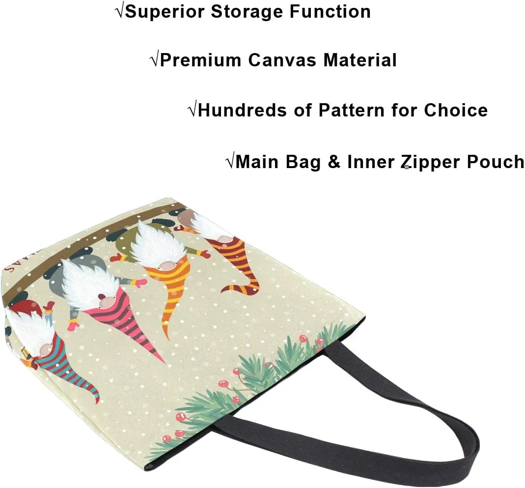 ALAZA Christmas Gnomes Winter Canvas Tote Bag for Women Travel Work Shopping Grocery Top Handle Purses Large Totes Reusable Handbags Cotton Shoulder Bags