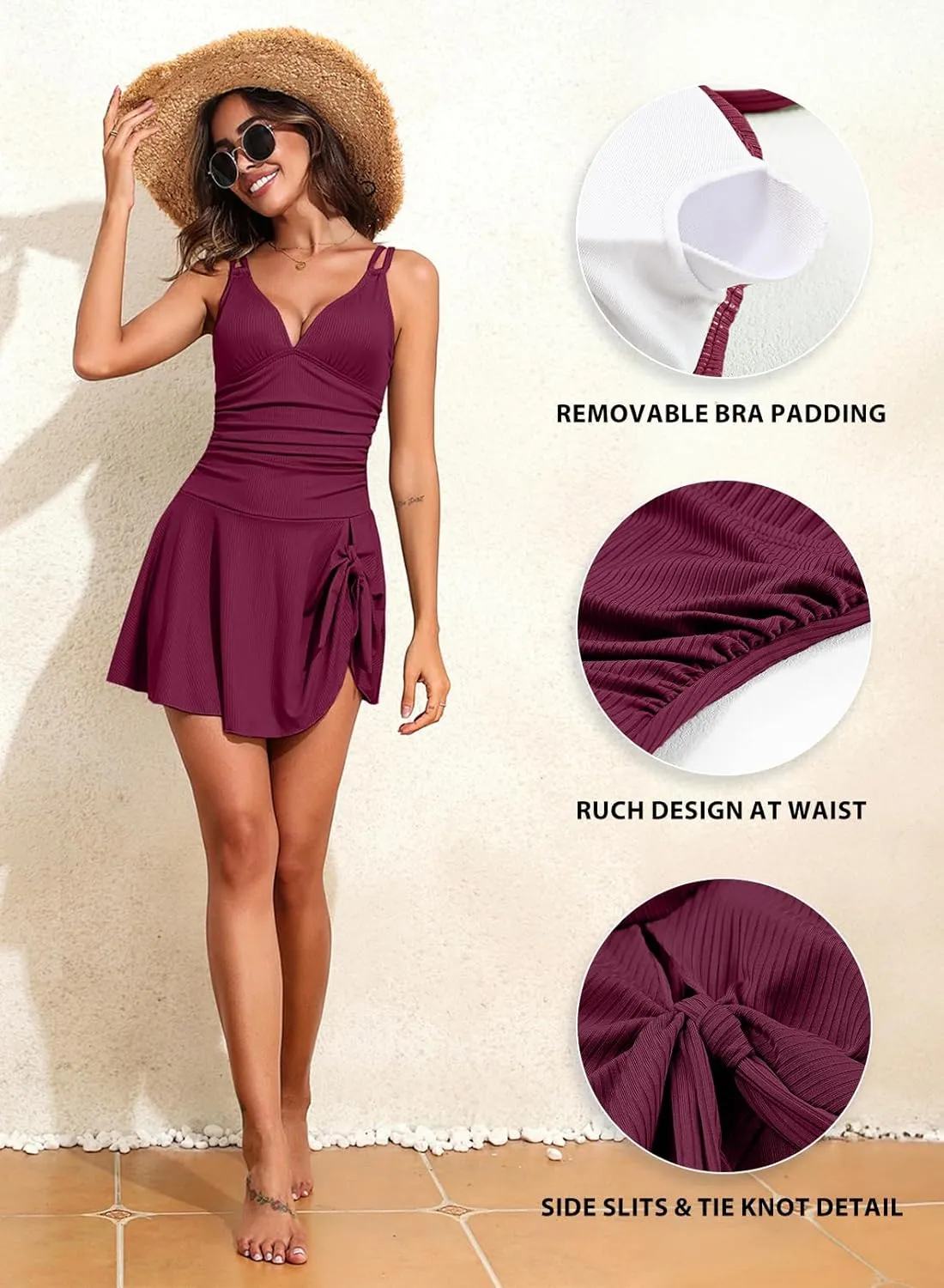 Aleumdr Ribbed One Piece Swimdress Swimsuits for Women Tummy Control Tie Knot Swim Skirt V Neck Bathing Suit