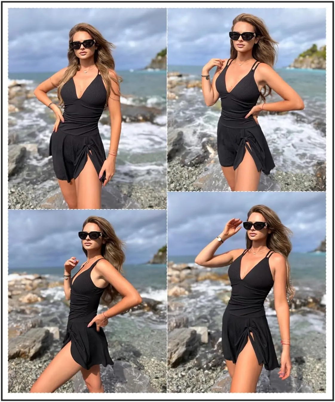 Aleumdr Ribbed One Piece Swimdress Swimsuits for Women Tummy Control Tie Knot Swim Skirt V Neck Bathing Suit