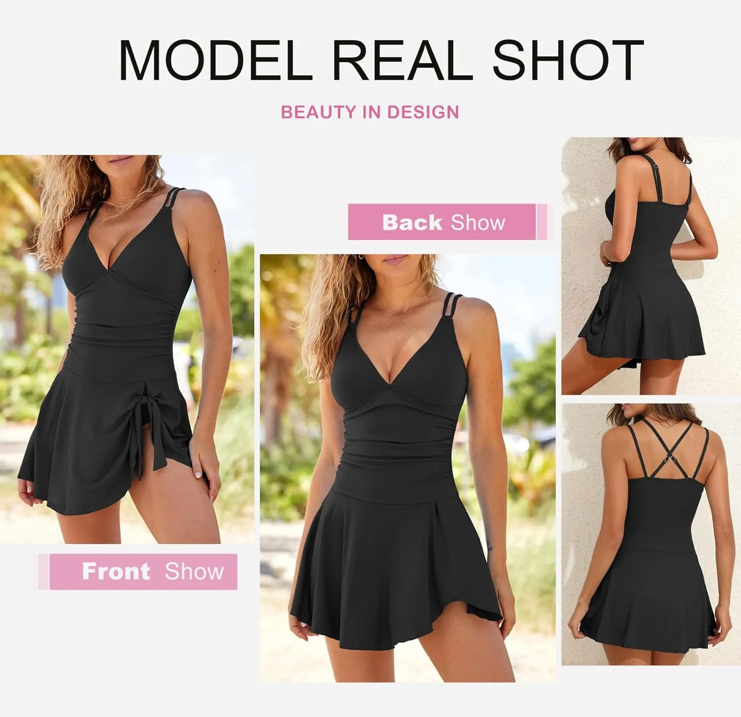 Aleumdr Ribbed One Piece Swimdress Swimsuits for Women Tummy Control Tie Knot Swim Skirt V Neck Bathing Suit