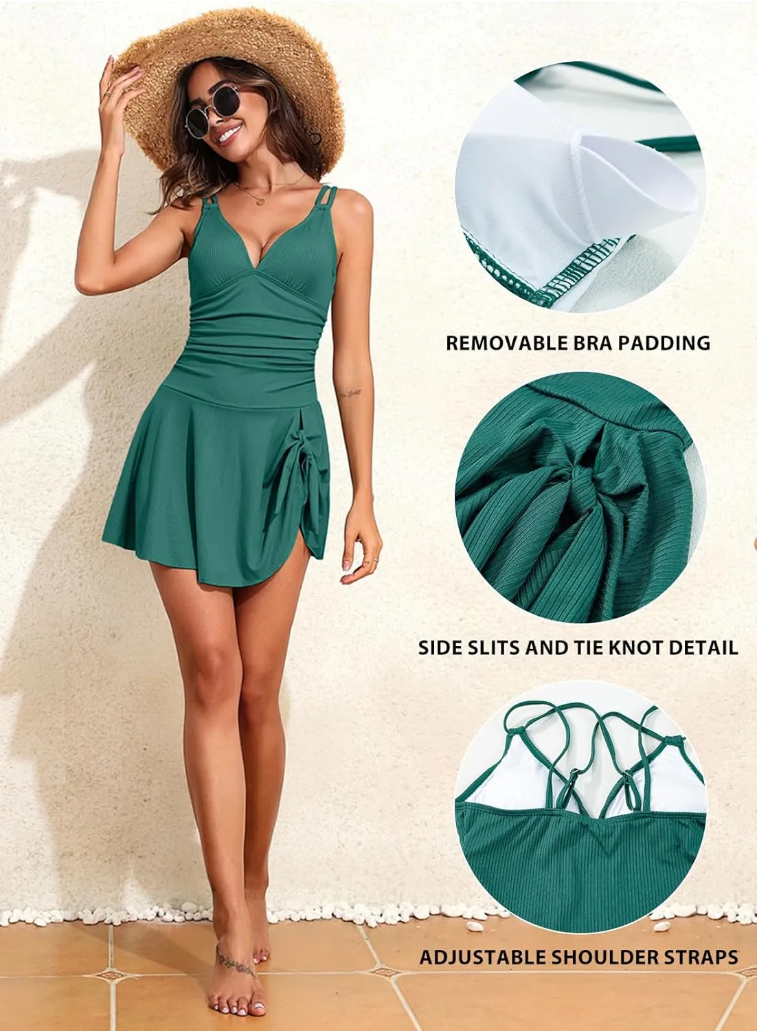 Aleumdr Ribbed One Piece Swimdress Swimsuits for Women Tummy Control Tie Knot Swim Skirt V Neck Bathing Suit