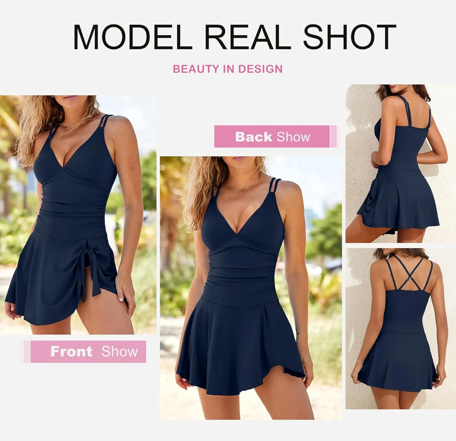 Aleumdr Ribbed One Piece Swimdress Swimsuits for Women Tummy Control Tie Knot Swim Skirt V Neck Bathing Suit