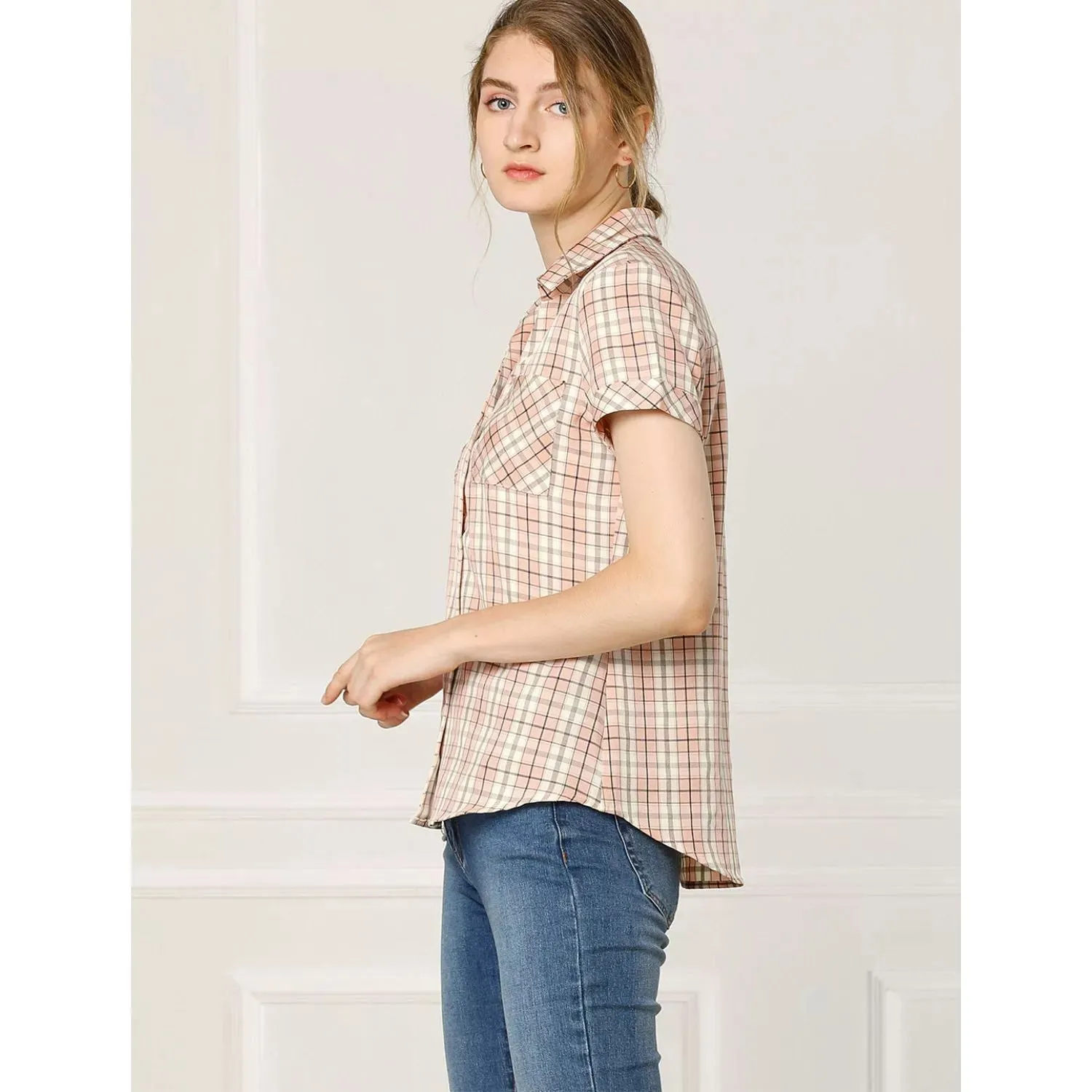 ALLEGRA K Women's Cotton Plaid Short Sleeve Button Front Boyfriend Shirt ,  red