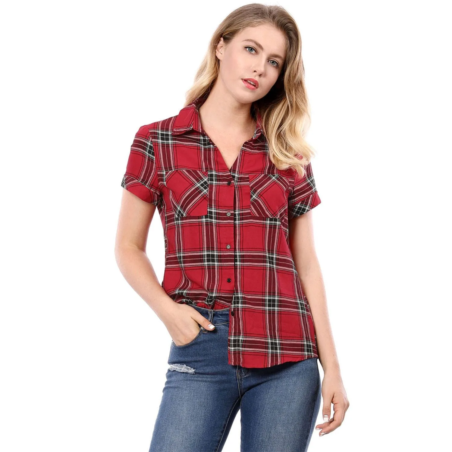 ALLEGRA K Women's Cotton Plaid Short Sleeve Button Front Boyfriend Shirt ,  red