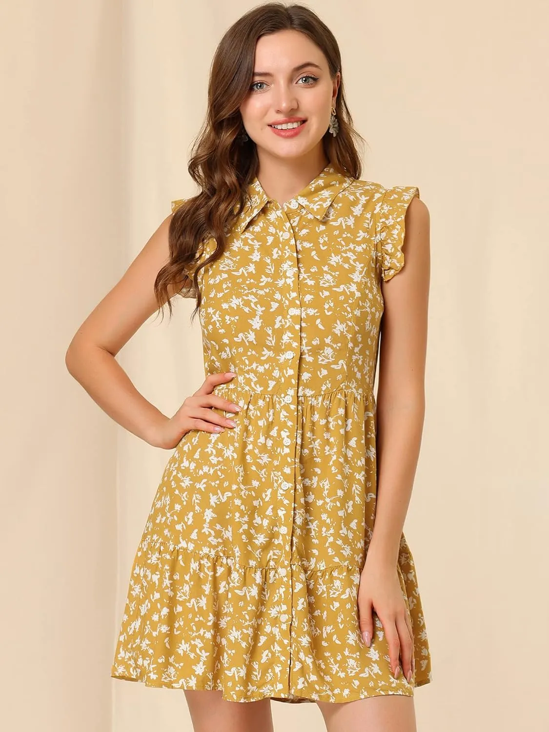 Allegra K Women's Daisy Floral Ruffle Sleeve Pleated Button Up Dress