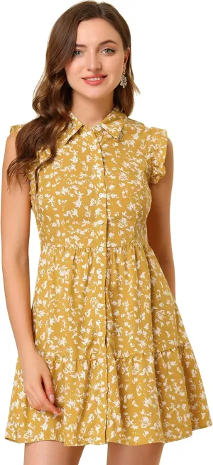 Allegra K Women's Daisy Floral Ruffle Sleeve Pleated Button Up Dress