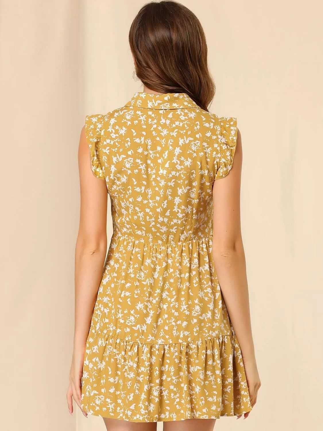 Allegra K Women's Daisy Floral Ruffle Sleeve Pleated Button Up Dress