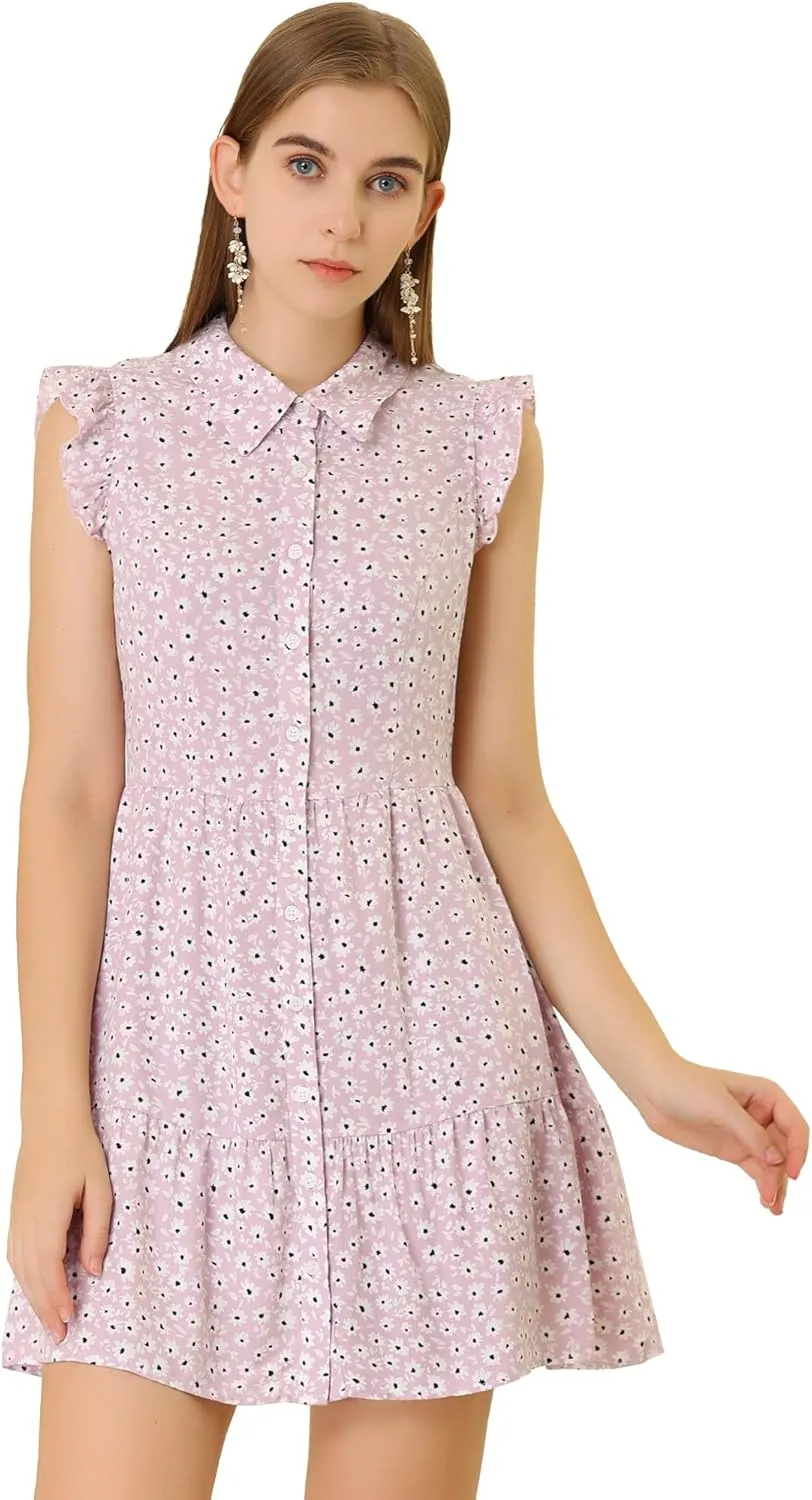 Allegra K Women's Daisy Floral Ruffle Sleeve Pleated Button Up Dress