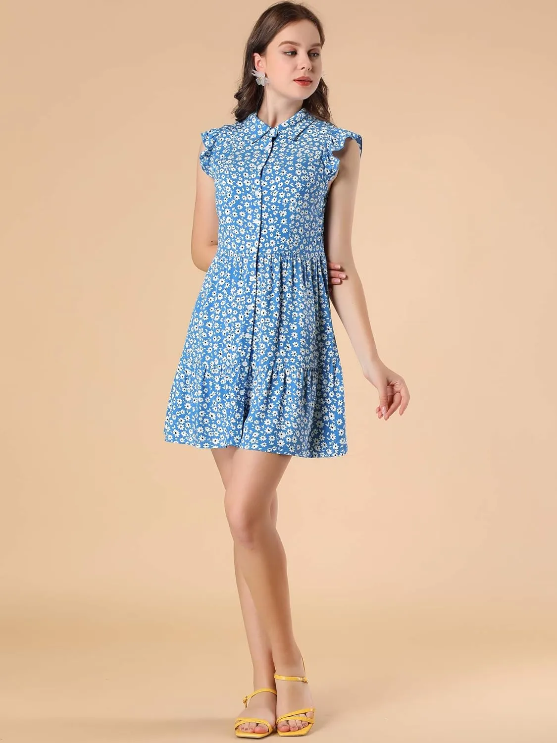 Allegra K Women's Daisy Floral Ruffle Sleeve Pleated Button Up Dress