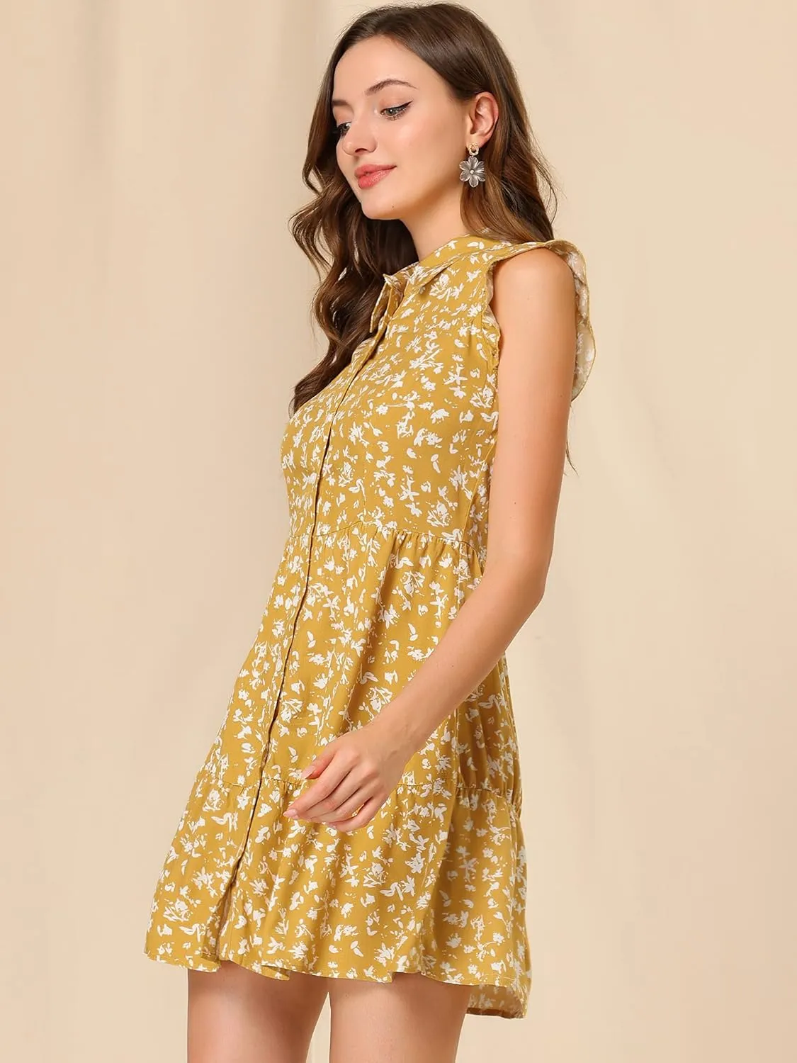 Allegra K Women's Daisy Floral Ruffle Sleeve Pleated Button Up Dress