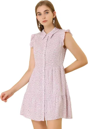 Allegra K Women's Daisy Floral Ruffle Sleeve Pleated Button Up Dress
