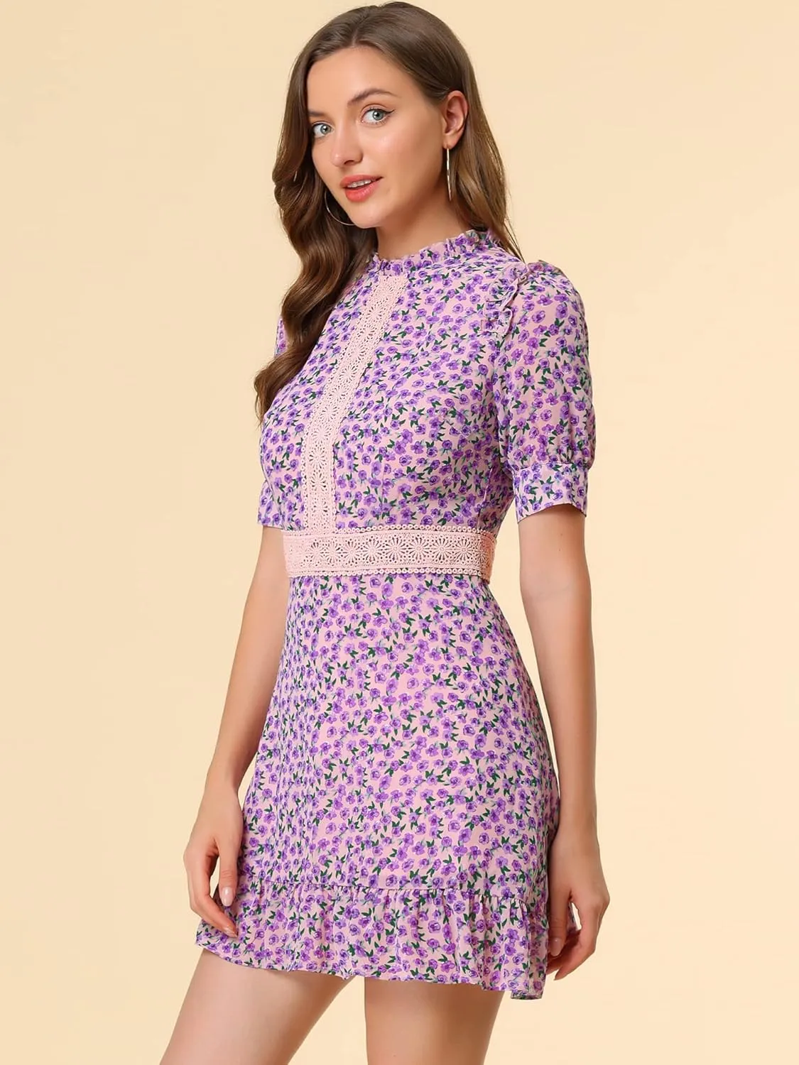 Allegra K Women's Dots Fit and Flare Ruffle Hem Floral Lace Inset Mini Dress