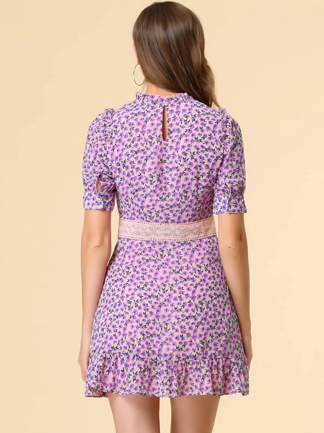 Allegra K Women's Dots Fit and Flare Ruffle Hem Floral Lace Inset Mini Dress