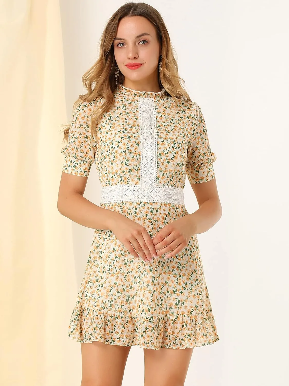 Allegra K Women's Dots Fit and Flare Ruffle Hem Floral Lace Inset Mini Dress