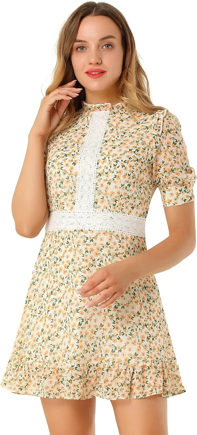 Allegra K Women's Dots Fit and Flare Ruffle Hem Floral Lace Inset Mini Dress