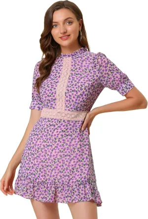 Allegra K Women's Dots Fit and Flare Ruffle Hem Floral Lace Inset Mini Dress