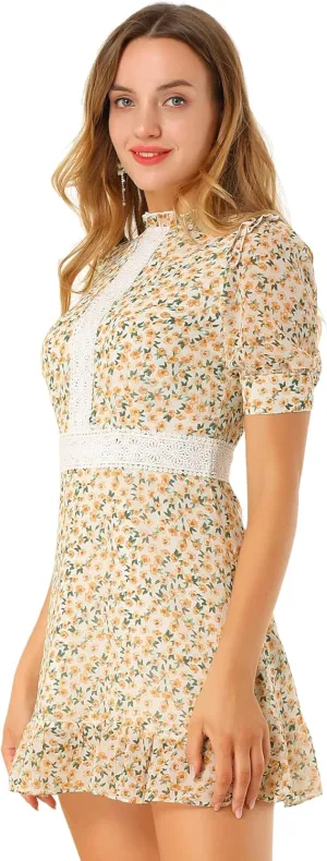 Allegra K Women's Dots Fit and Flare Ruffle Hem Floral Lace Inset Mini Dress