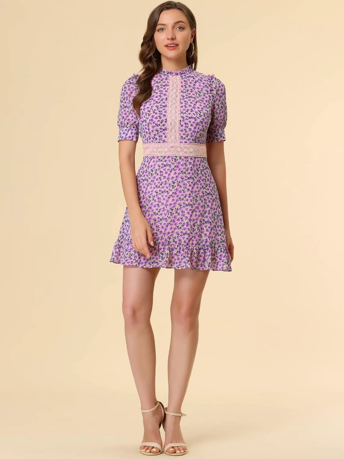 Allegra K Women's Dots Fit and Flare Ruffle Hem Floral Lace Inset Mini Dress