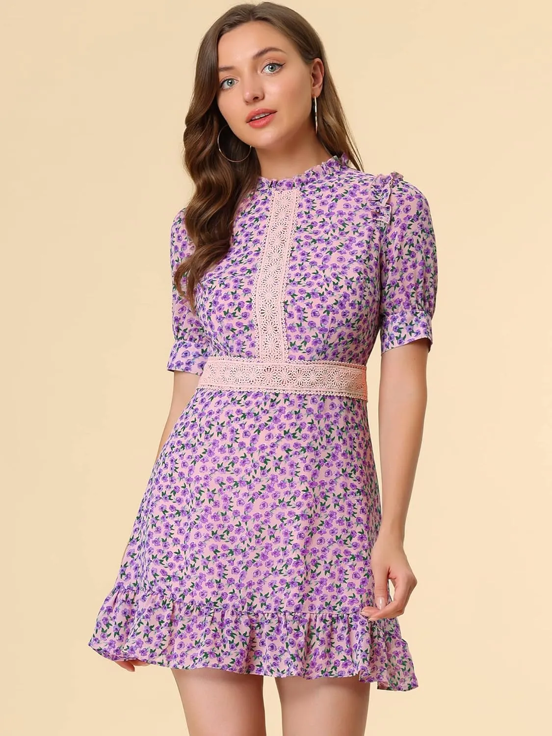 Allegra K Women's Dots Fit and Flare Ruffle Hem Floral Lace Inset Mini Dress