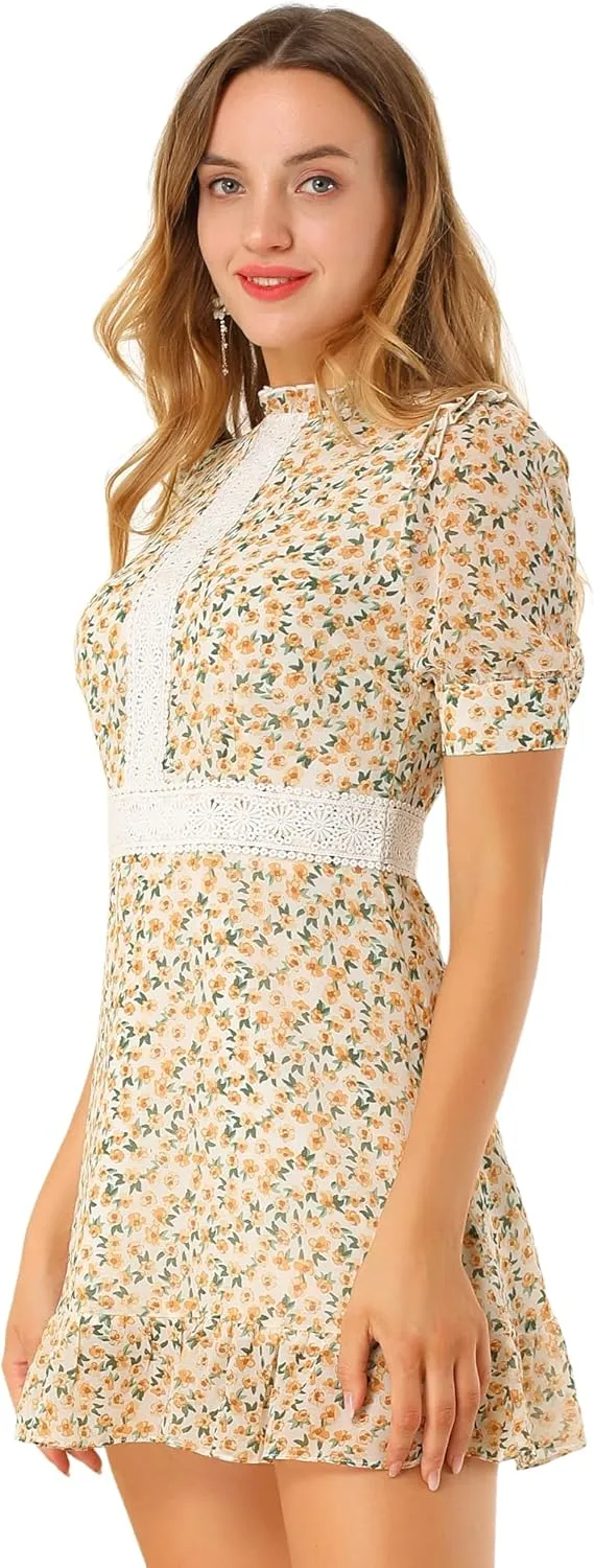 Allegra K Women's Dots Fit and Flare Ruffle Hem Floral Lace Inset Mini Dress
