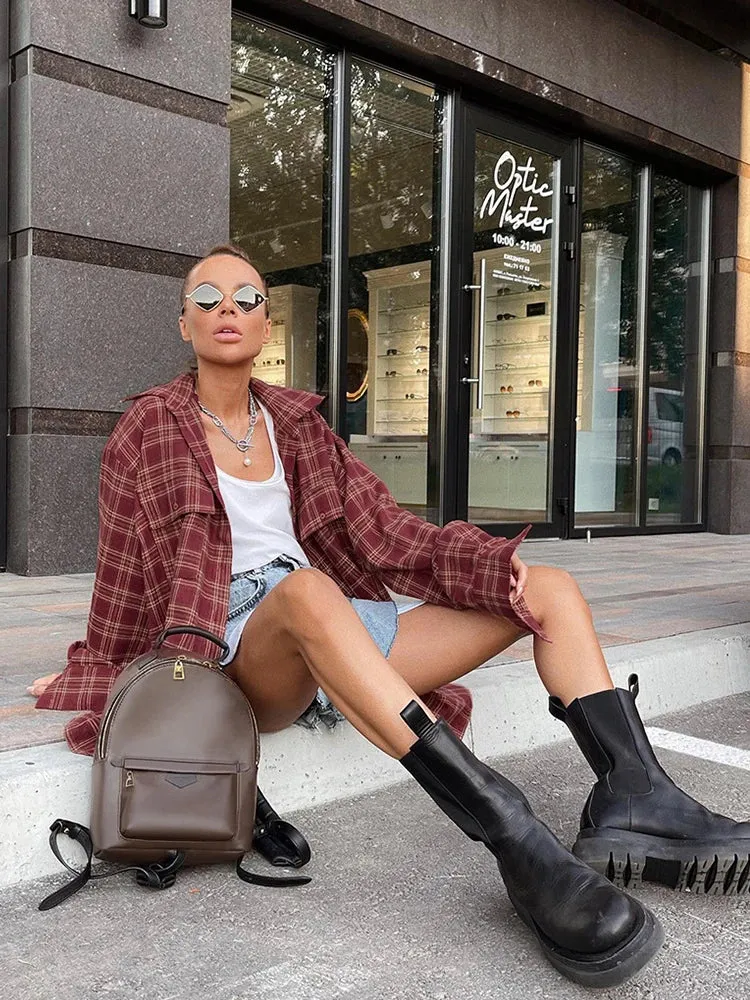 Autumn Winter Women Casual Long Sleeve Oversized Plaid Blouse Ladies Tops Loose Fit Long Shirt For Woman