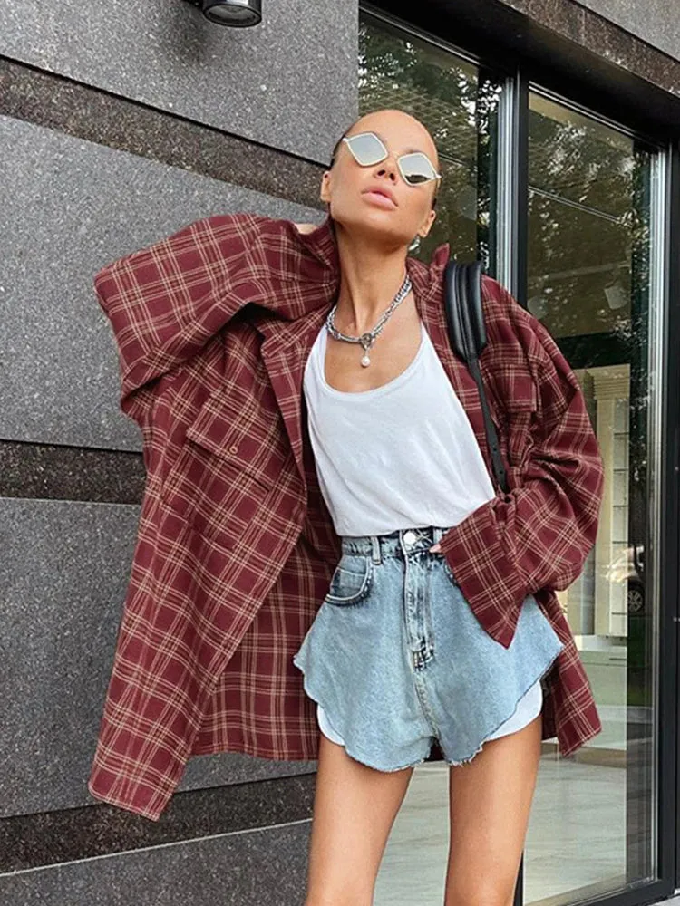 Autumn Winter Women Casual Long Sleeve Oversized Plaid Blouse Ladies Tops Loose Fit Long Shirt For Woman