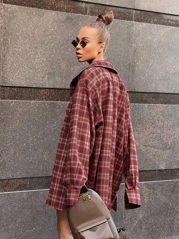Autumn Winter Women Casual Long Sleeve Oversized Plaid Blouse Ladies Tops Loose Fit Long Shirt For Woman