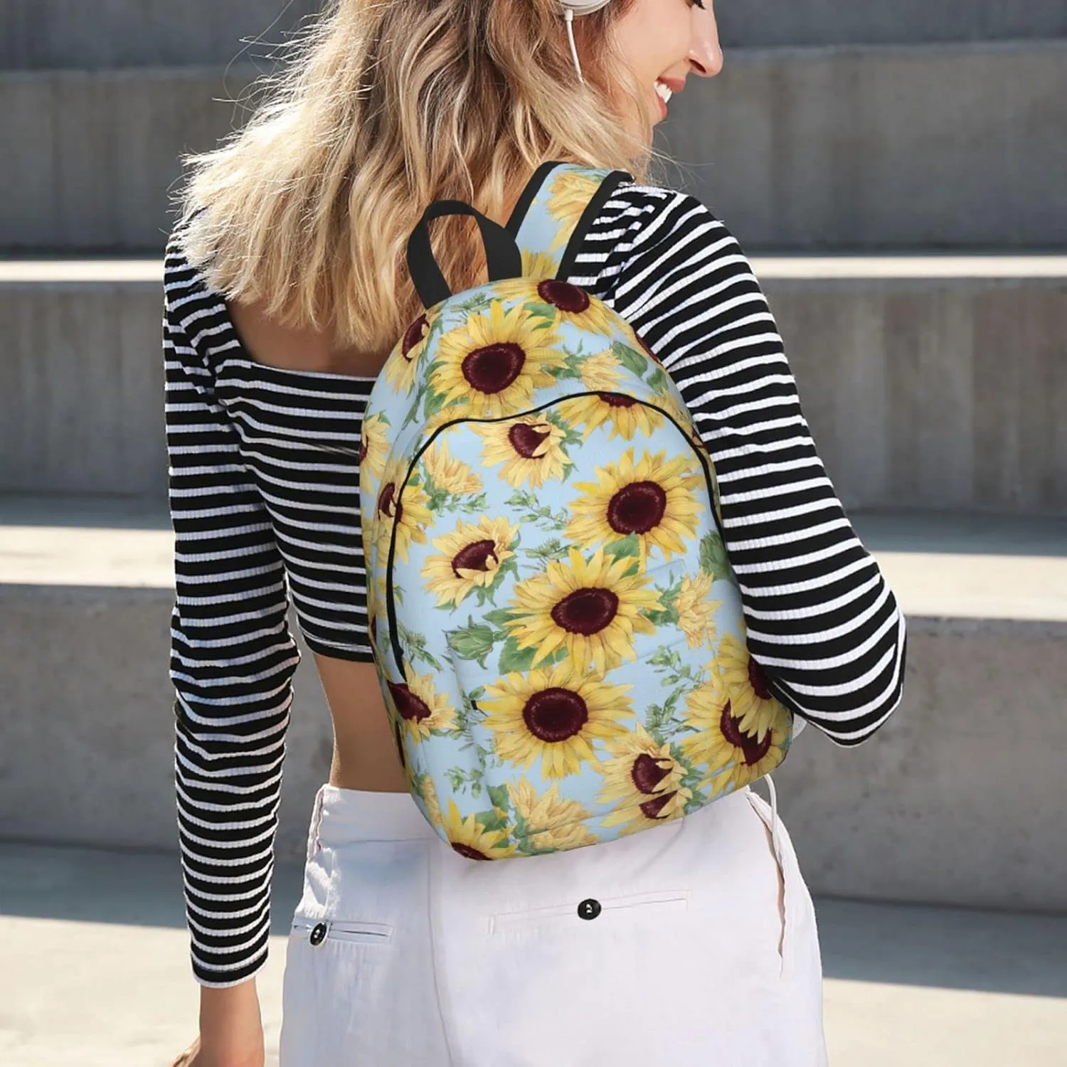 Backpack Sunflower Blue Floral Watercolor Laptop Rucksack School Bookbag Casual Daypack for 3th 4th 5th Student Teens Travel Hiking 16 Inch