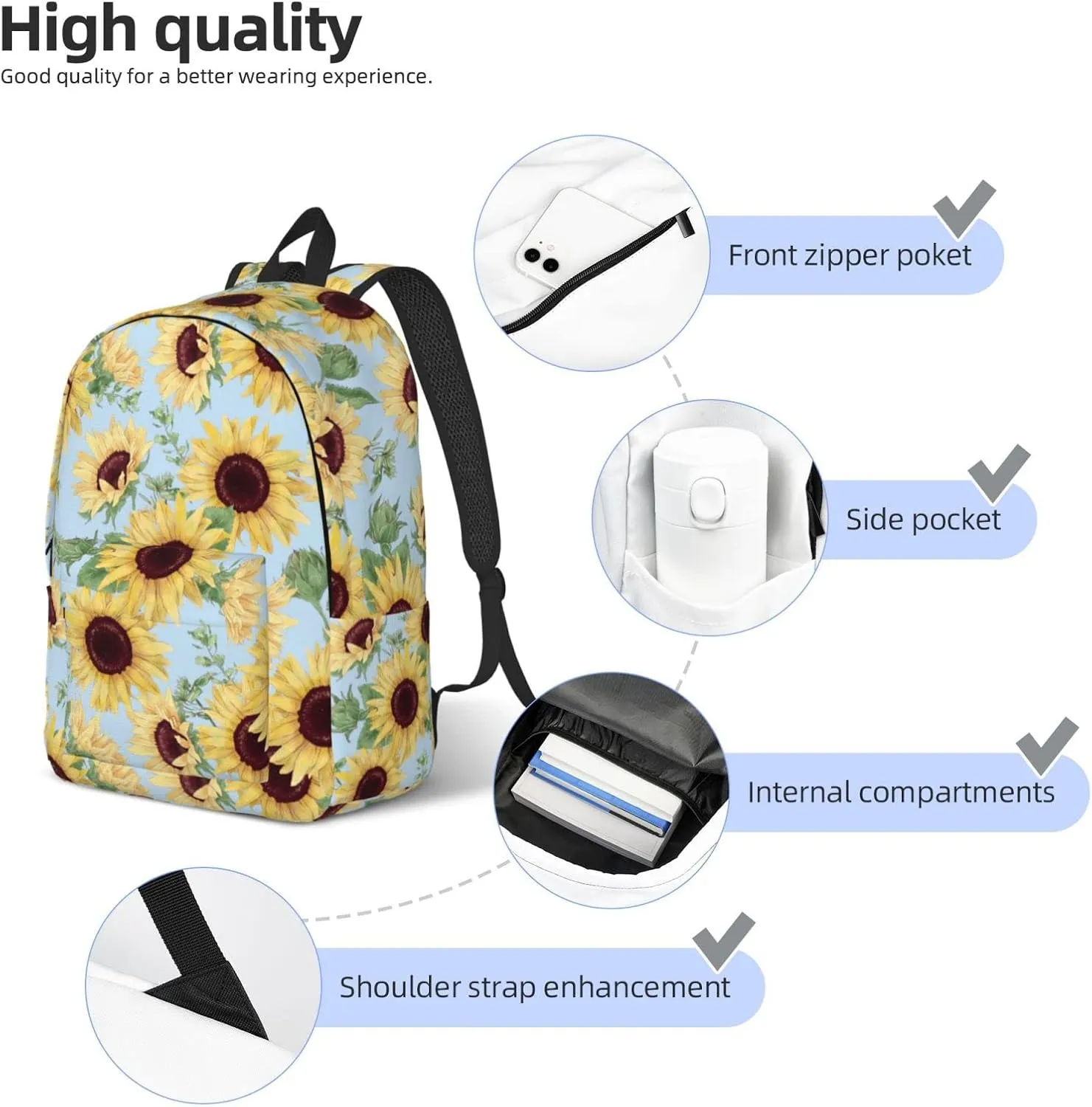 Backpack Sunflower Blue Floral Watercolor Laptop Rucksack School Bookbag Casual Daypack for 3th 4th 5th Student Teens Travel Hiking 16 Inch