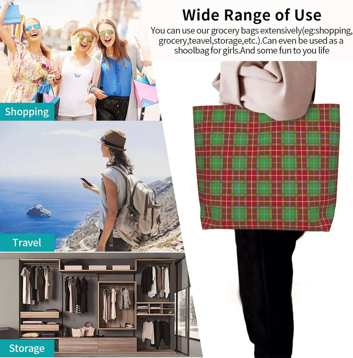 Blackwatch Modern Tartan Tote Bag For Women Weekender Travel Bag Reusable Grocery Bags Large Totes Handbags