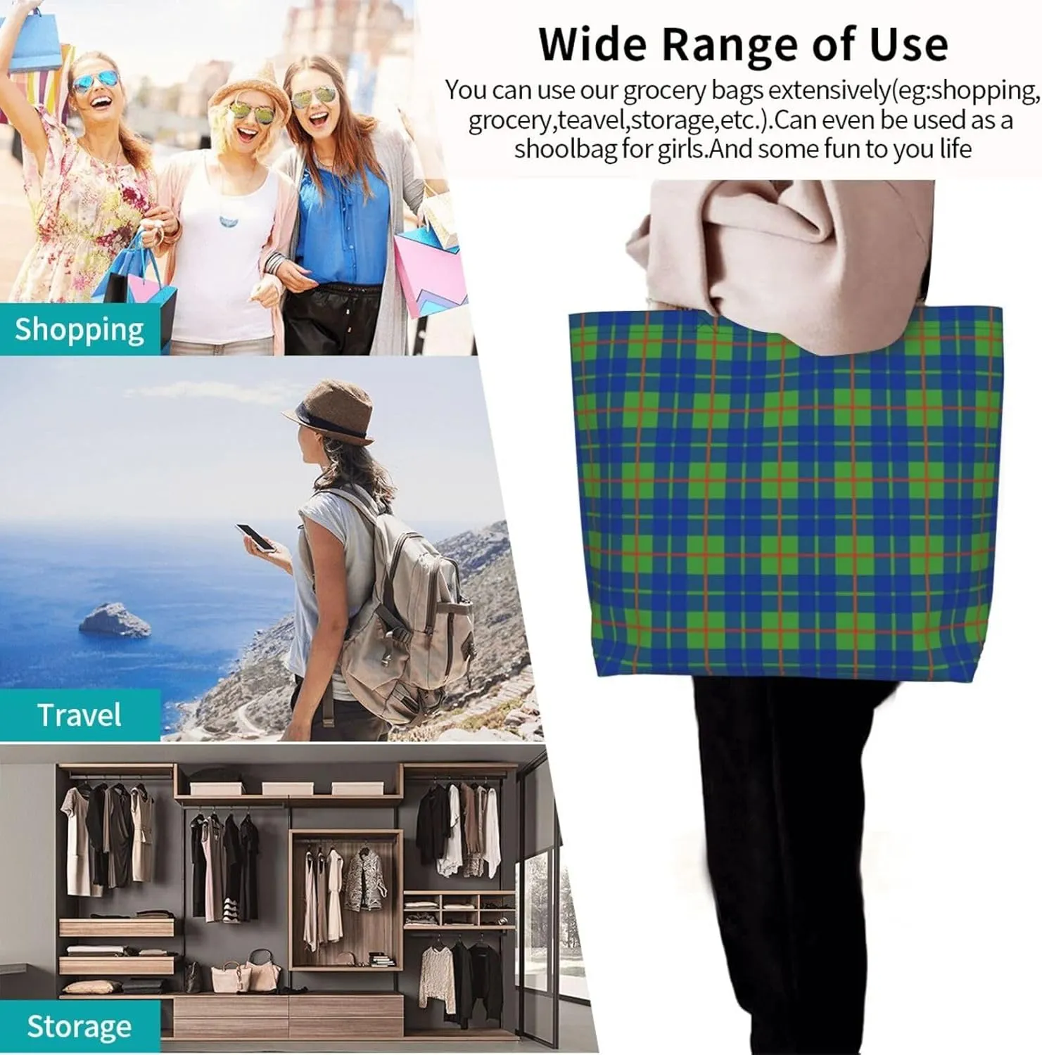 Blackwatch Modern Tartan Tote Bag For Women Weekender Travel Bag Reusable Grocery Bags Large Totes Handbags