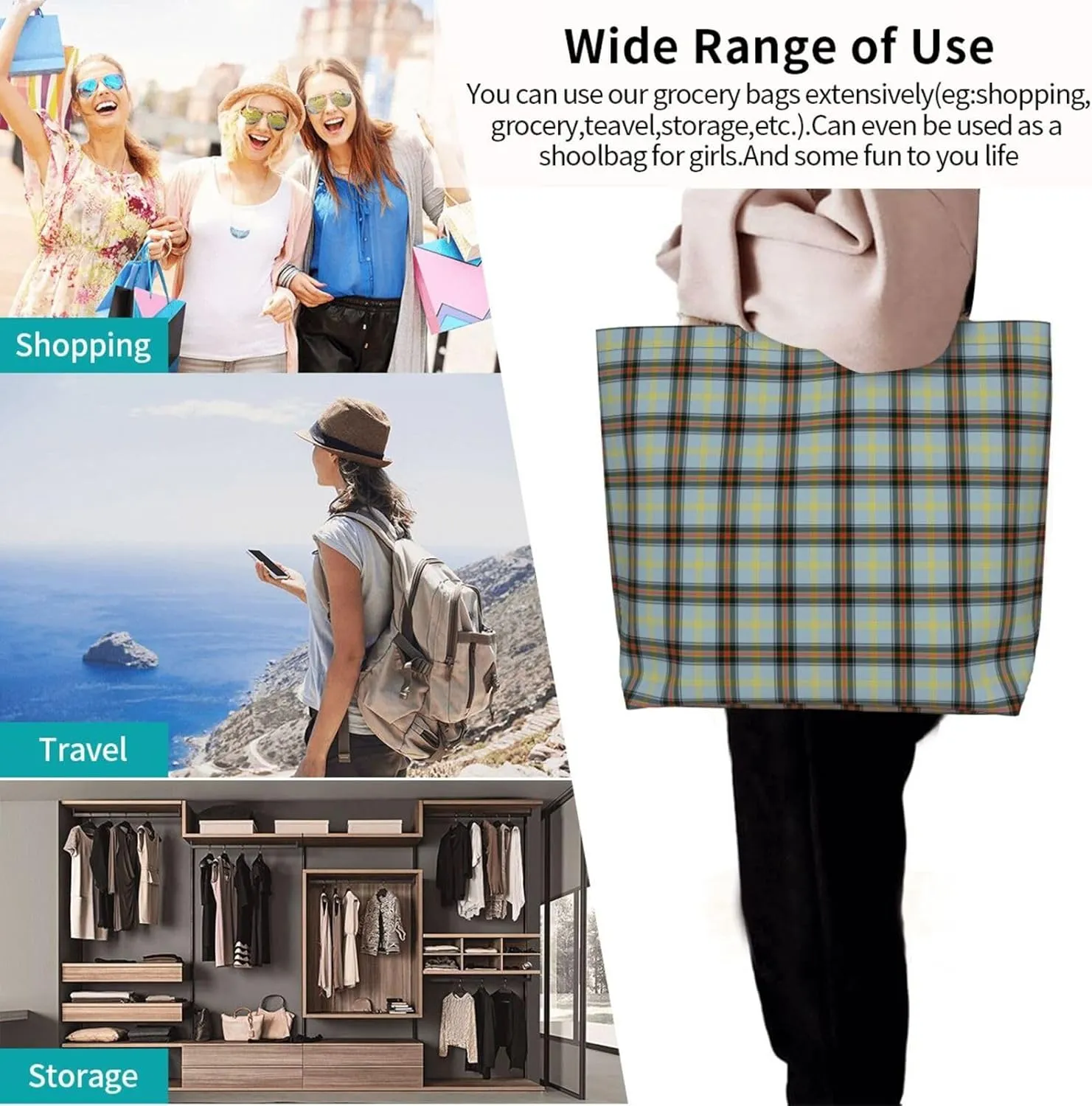 Blackwatch Modern Tartan Tote Bag For Women Weekender Travel Bag Reusable Grocery Bags Large Totes Handbags