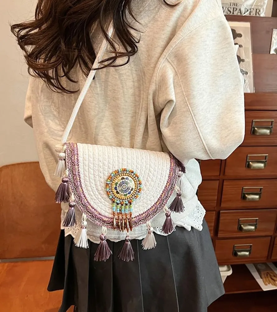 Boho Straw Woven Crossbody Bags for Women Knitted Clutch Purse Tassel Envelope Shoulder Handbag Satchels For Travel