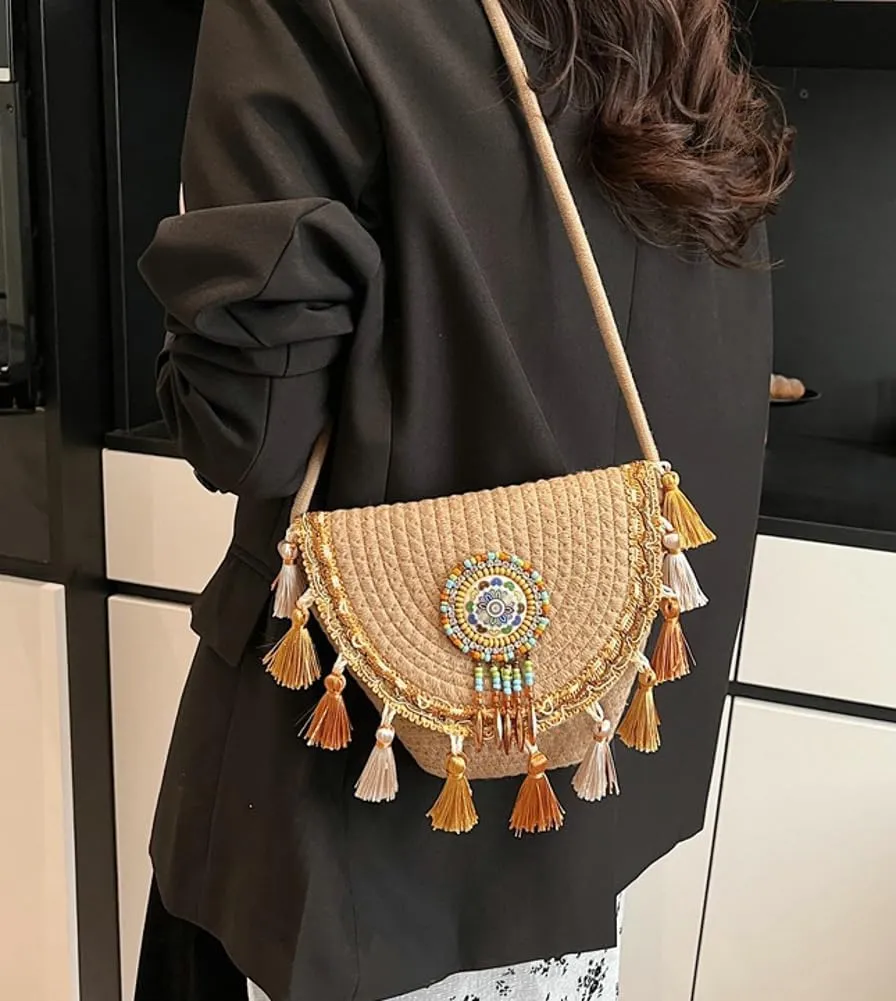 Boho Straw Woven Crossbody Bags for Women Knitted Clutch Purse Tassel Envelope Shoulder Handbag Satchels For Travel