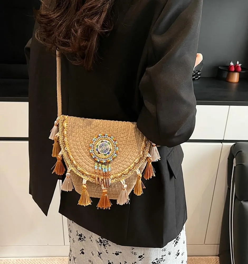 Boho Straw Woven Crossbody Bags for Women Knitted Clutch Purse Tassel Envelope Shoulder Handbag Satchels For Travel