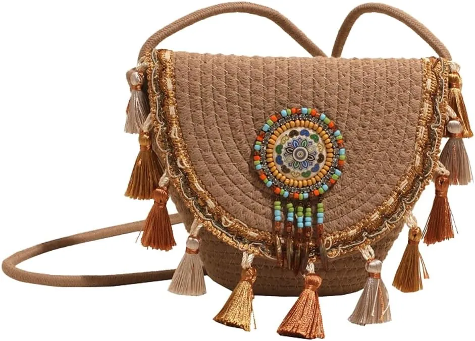 Boho Straw Woven Crossbody Bags for Women Knitted Clutch Purse Tassel Envelope Shoulder Handbag Satchels For Travel