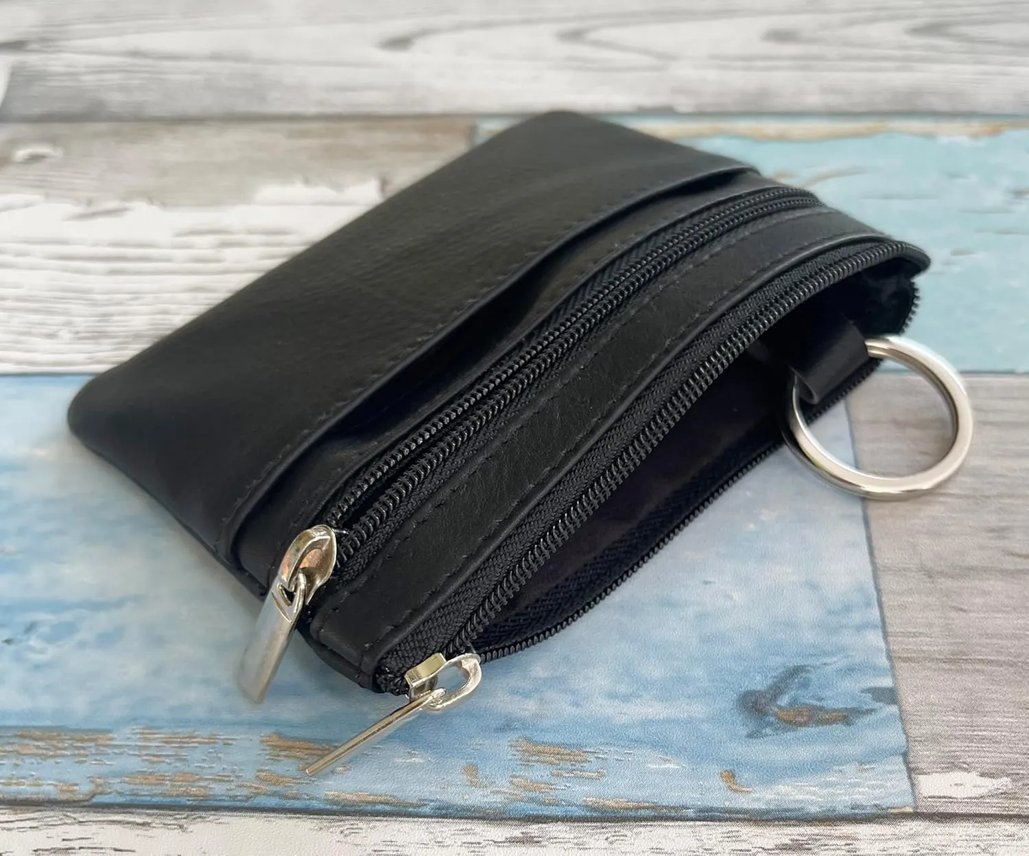 Bullz Genuine Leather Coin Purse Keychain Wallet for Women and Men- Small Zipper Pouch, Card, Paper bill, ID, Key and Change Purse, Iris Pouch & Coin Holder for Car (Black)