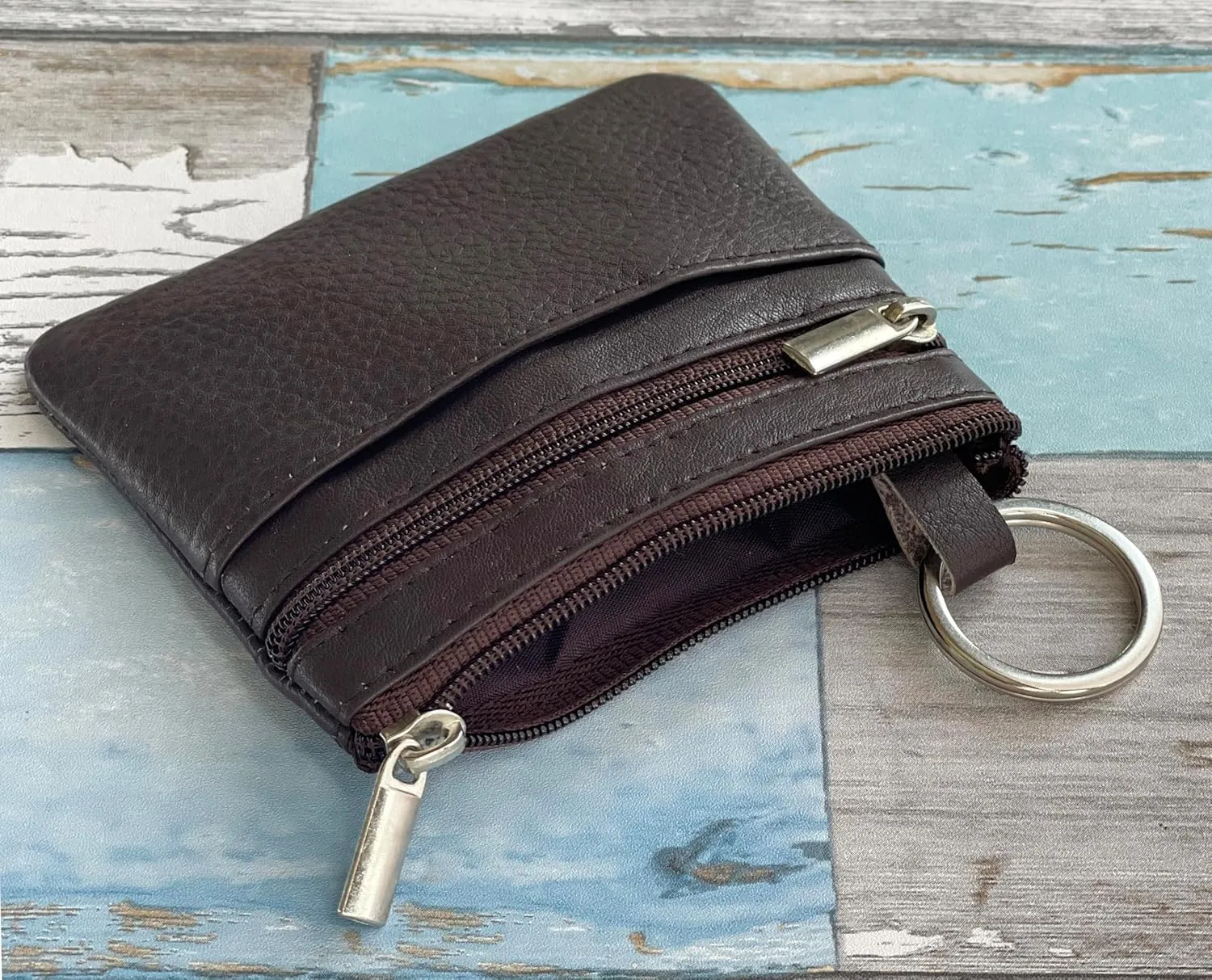 Bullz Genuine Leather Coin Purse Keychain Wallet for Women and Men- Small Zipper Pouch, Card, Paper bill, ID, Key and Change Purse, Iris Pouch & Coin Holder for Car (Brown)