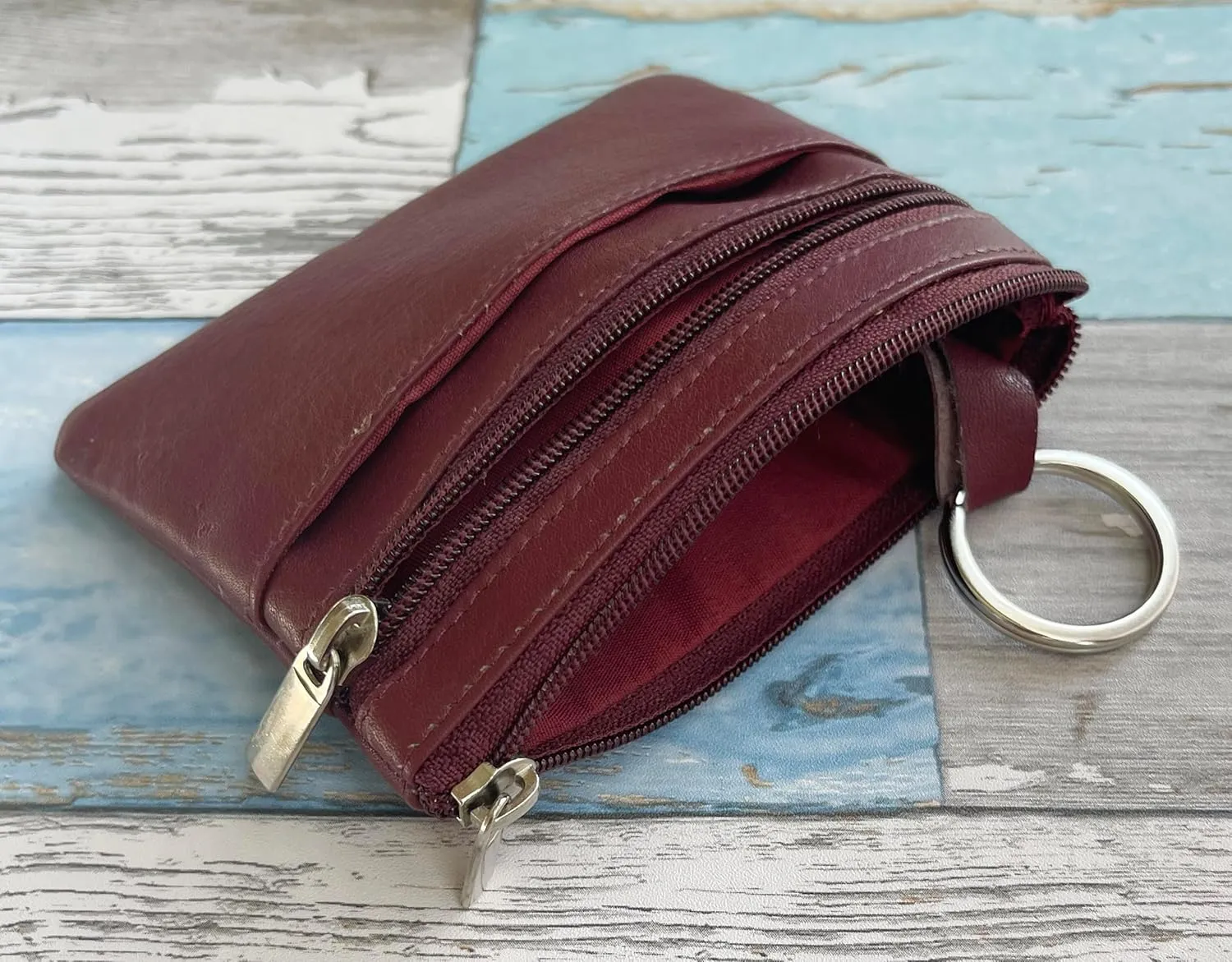 Bullz Genuine Leather Coin Purse Keychain Wallet for Women and Men- Small Zipper Pouch, Card, Paper bill, ID, Key and Change Purse, Iris Pouch & Coin Holder for Car (Burgundy)