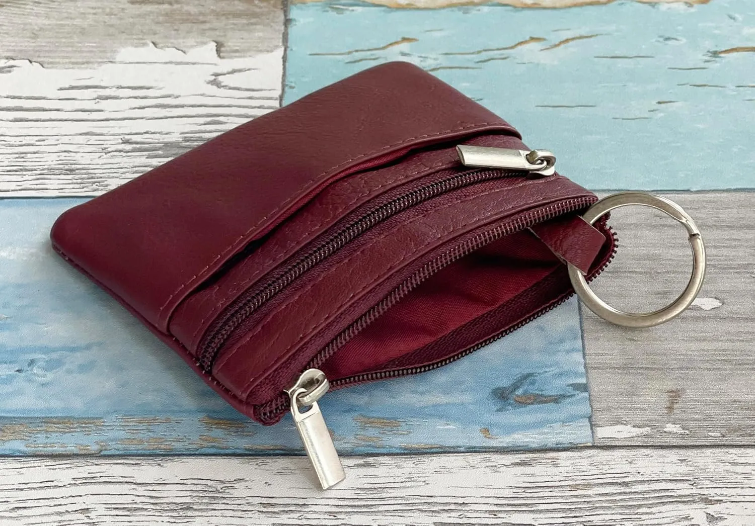 Bullz Genuine Leather Coin Purse Keychain Wallet for Women and Men- Small Zipper Pouch, Card, Paper bill, ID, Key and Change Purse, Iris Pouch & Coin Holder for Car (Burgundy)
