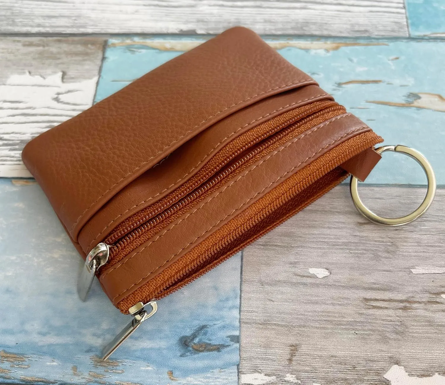 Bullz Genuine Leather Coin Purse Keychain Wallet for Women and Men- Small Zipper Pouch, Card, Paper bill, ID, Key and Change Purse, Iris Pouch & Coin Holder for Car (Tan)