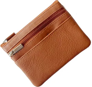 Bullz Genuine Leather Coin Purse Keychain Wallet for Women and Men- Small Zipper Pouch, Card, Paper bill, ID, Key and Change Purse, Iris Pouch & Coin Holder for Car (Tan)