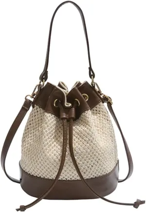 Casual Straw Bucket Bag Summer Woven Crossbody Bags for Women Hobo Drawstring Purse Vacation Handbags Straw Beach Bag