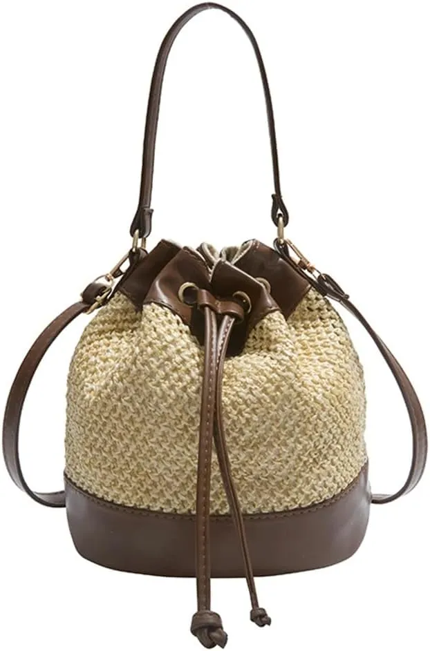 Casual Straw Bucket Bag Summer Woven Crossbody Bags for Women Hobo Drawstring Purse Vacation Handbags Straw Beach Bag