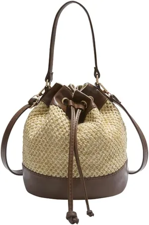 Casual Straw Bucket Bag Summer Woven Crossbody Bags for Women Hobo Drawstring Purse Vacation Handbags Straw Beach Bag